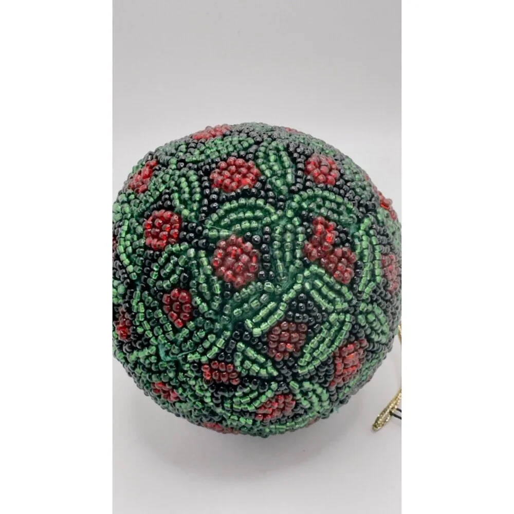 Vintage Red & Green Hand Crafted Glass Bead Christmas Ornament
